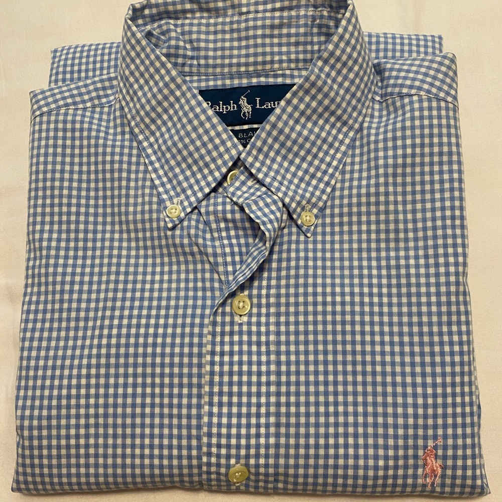 Ralph Lauren Blake Blue Checkered Men's 100% Cotton Short Sleeve Shirt Pink Pony